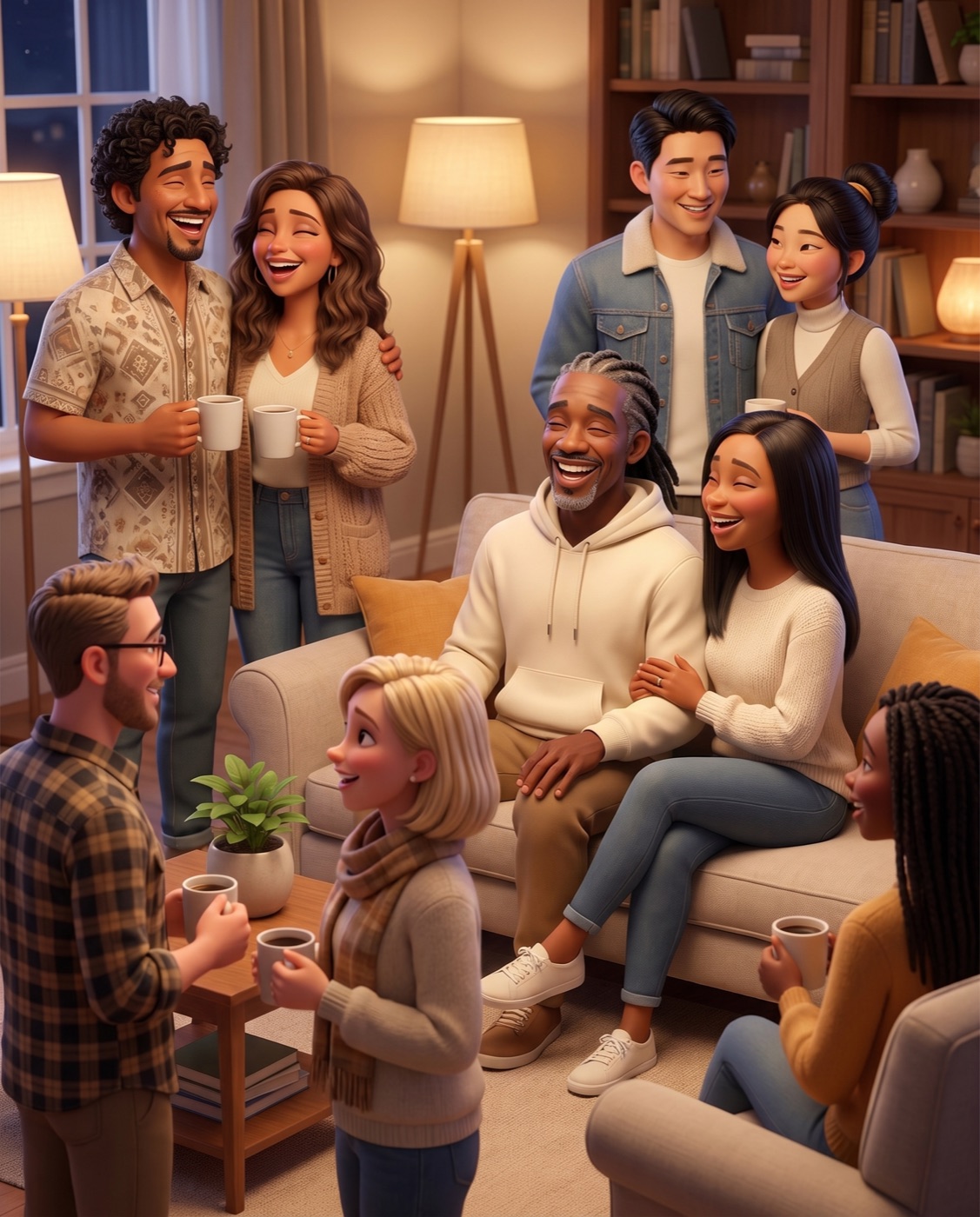 Illustrated couples together in a warm living room