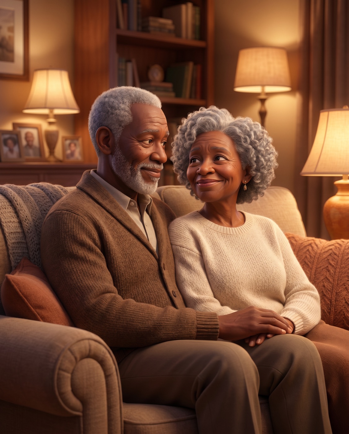 An illustrated couple smiling at each other in the evening